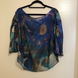 JLo Ruched Drawstring Sleeve Overlay Blouse Floral